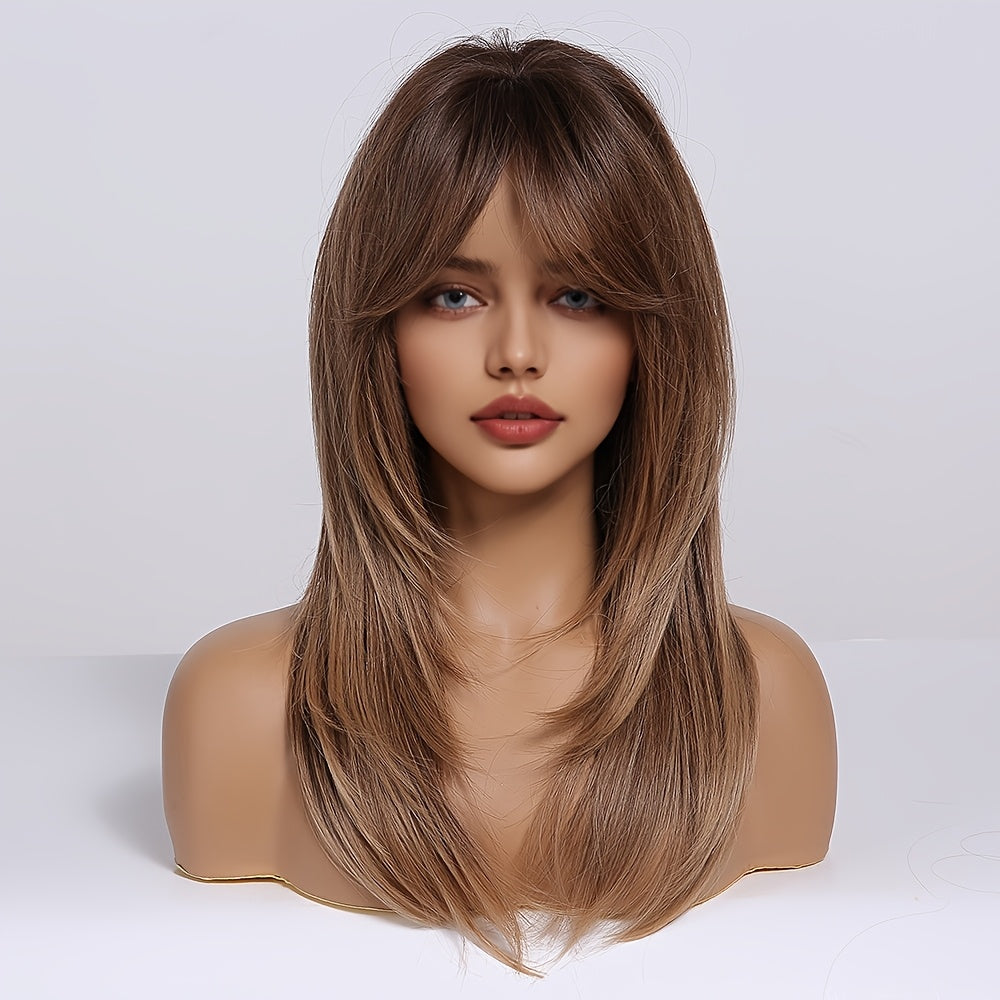 Chic Brown Layered Wig with Bangs - Short, Straight Synthetic Hair for Women, Matte Finish, High-Temperature Resistant, 150% Density, Rose Net Cap - Ideal Gift